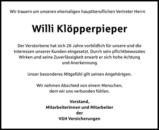 Traueranzeige von Willi Klöpperpieper von Neue Osnabrücker Zeitung GmbH & Co. KG