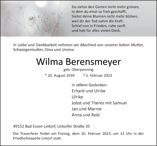 Traueranzeige von Wilma Berensmeyer von Neue Osnabrücker Zeitung GmbH & Co. KG