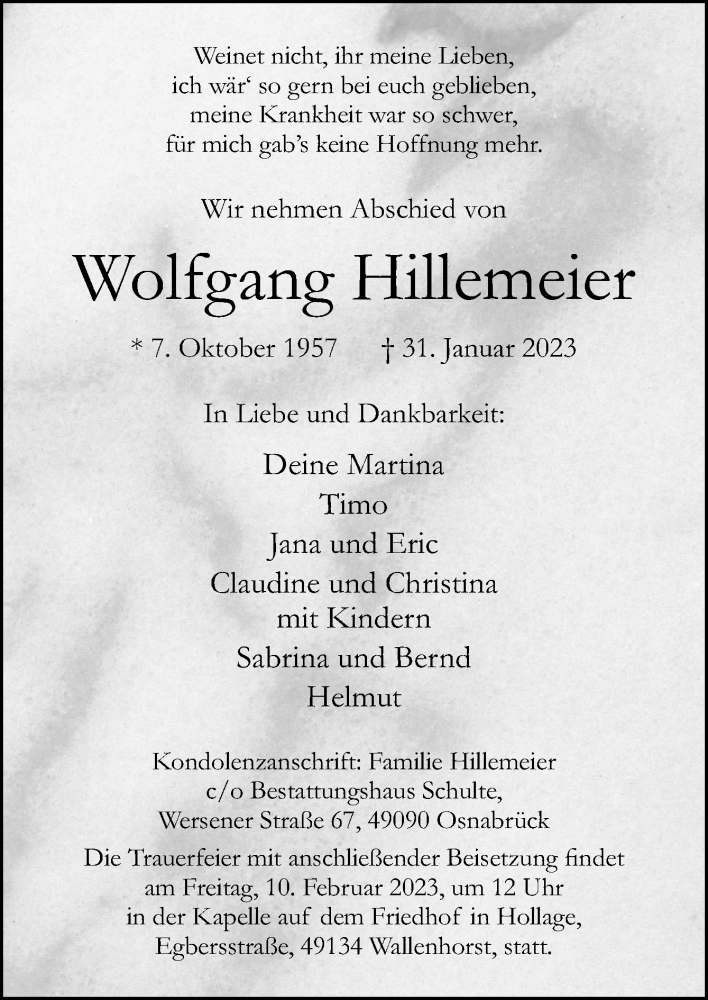  Traueranzeige für Wolfgang Hillemeier vom 04.02.2023 aus Neue Osnabrücker Zeitung GmbH & Co. KG