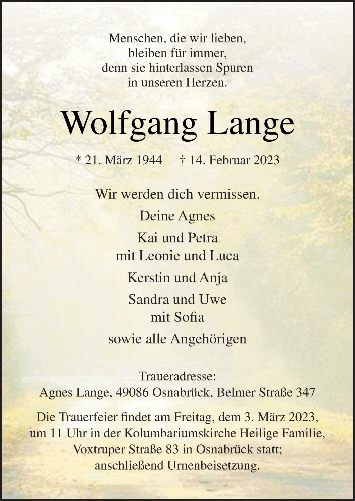  Traueranzeige für Wolfgang Lange vom 25.02.2023 aus Neue Osnabrücker Zeitung GmbH & Co. KG