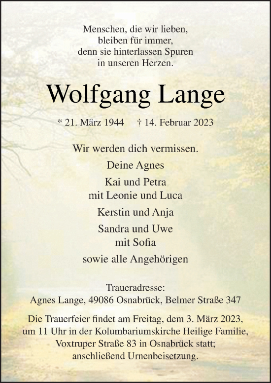 Traueranzeige von Wolfgang Lange von Neue Osnabrücker Zeitung GmbH & Co. KG