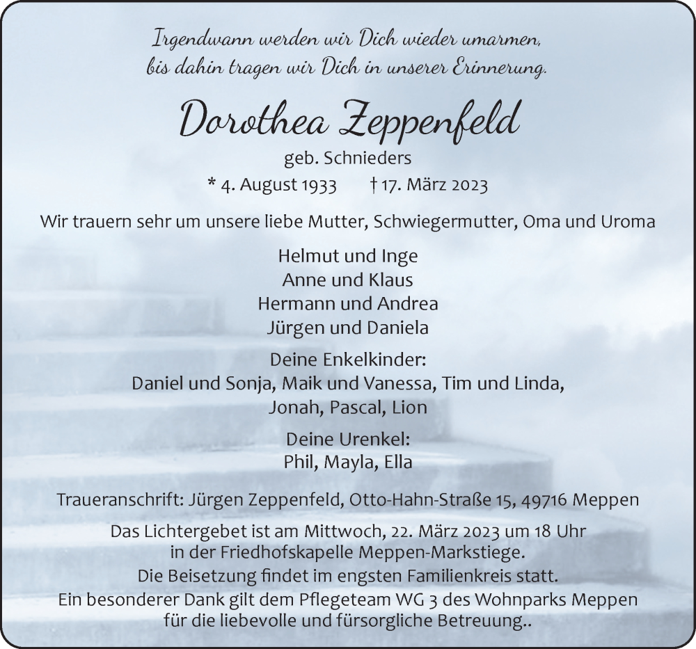  Traueranzeige für Dorothea Zeppenfeld vom 20.03.2023 aus Neue Osnabrücker Zeitung GmbH & Co. KG