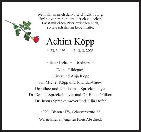 Traueranzeige von Achim Köpp von Neue Osnabrücker Zeitung GmbH & Co. KG