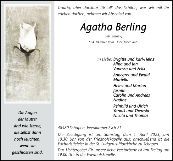 Traueranzeige von Agatha Berling von Neue Osnabrücker Zeitung GmbH & Co. KG