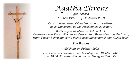 Traueranzeige von Agatha Ehrens von Neue Osnabrücker Zeitung GmbH & Co. KG