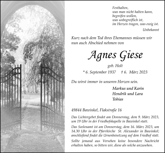 Traueranzeige von Agnes Giese von Neue Osnabrücker Zeitung GmbH & Co. KG