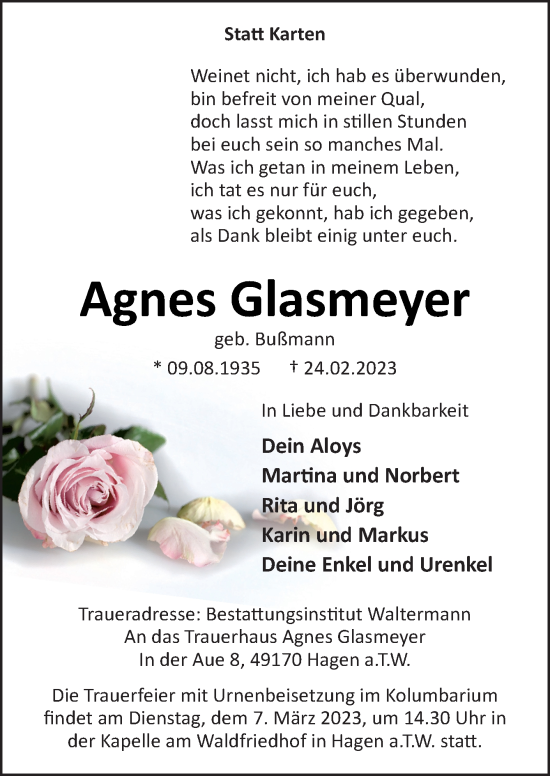 Traueranzeige von Agnes Glasmeyer von Neue Osnabrücker Zeitung GmbH & Co. KG