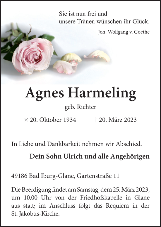 Traueranzeige von Agnes Harmeling von Neue Osnabrücker Zeitung GmbH & Co. KG
