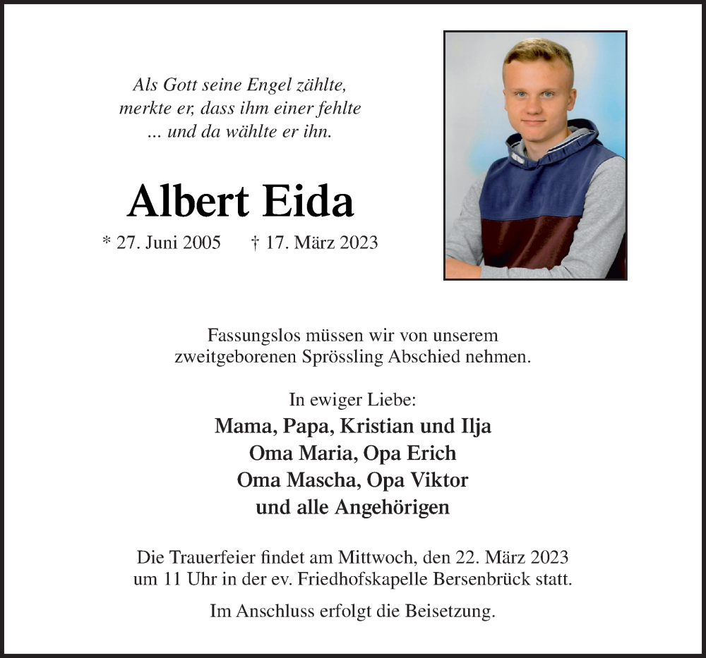  Traueranzeige für Albert Eida vom 21.03.2023 aus Neue Osnabrücker Zeitung GmbH & Co. KG