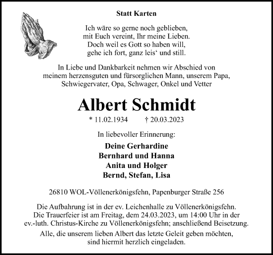 Traueranzeige von Albert Schmidt von Neue Osnabrücker Zeitung GmbH & Co. KG