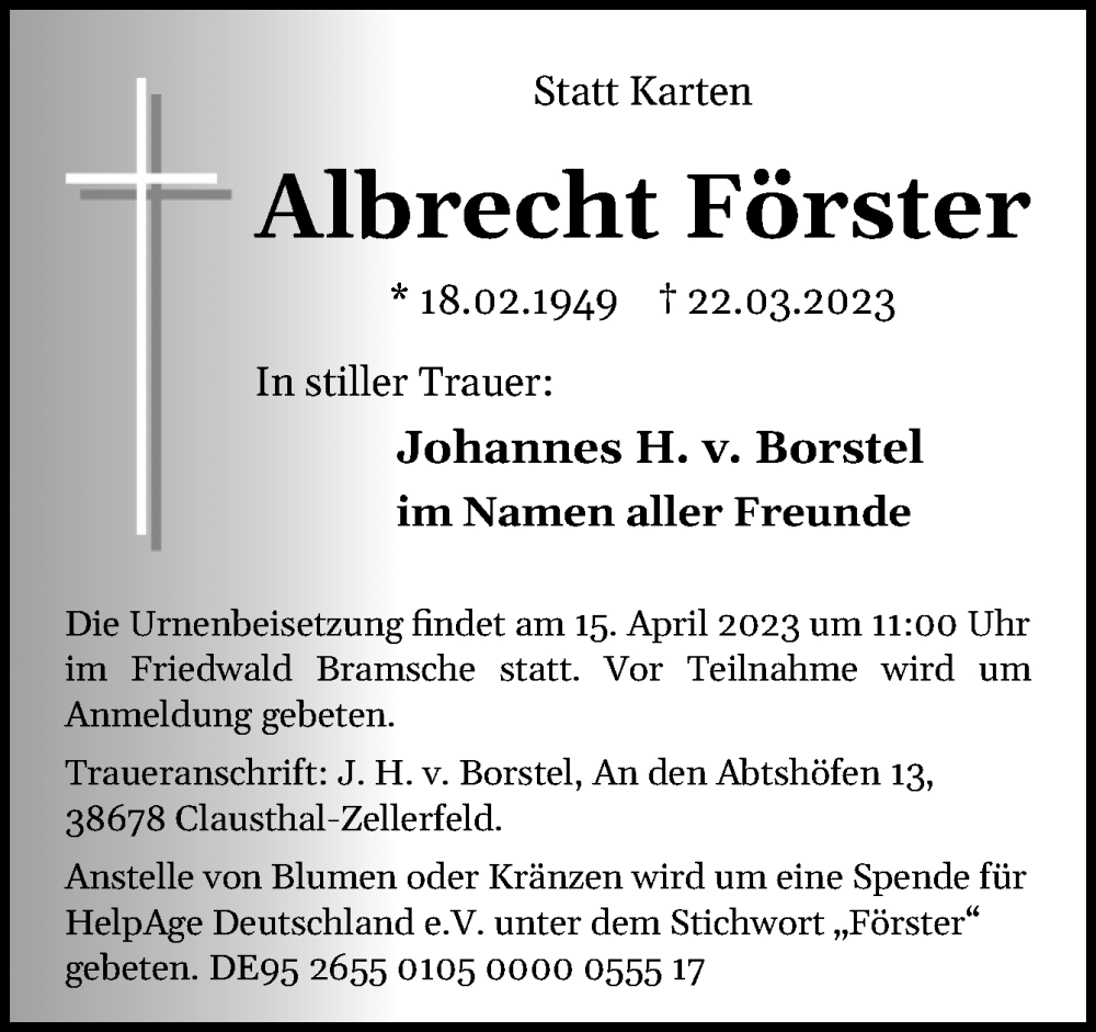  Traueranzeige für Albrecht Förster vom 30.03.2023 aus Neue Osnabrücker Zeitung GmbH & Co. KG