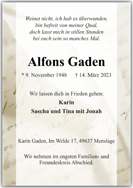 Traueranzeige von Alfons Gaden von Neue Osnabrücker Zeitung GmbH & Co. KG