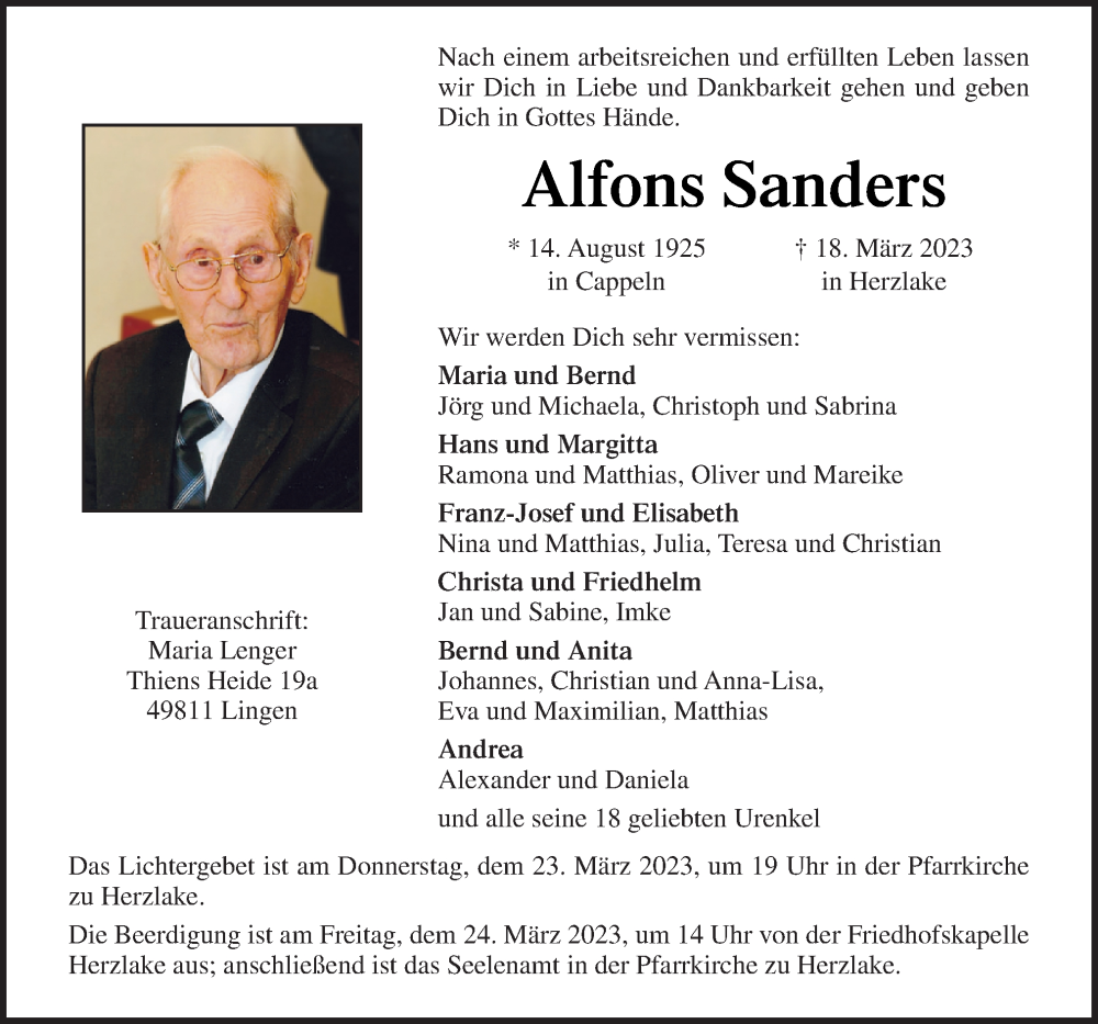  Traueranzeige für Alfons Sanders vom 21.03.2023 aus Neue Osnabrücker Zeitung GmbH & Co. KG