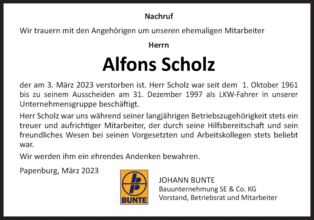  Traueranzeige für Alfons Scholz vom 07.03.2023 aus Neue Osnabrücker Zeitung GmbH & Co. KG