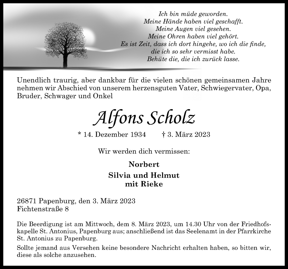  Traueranzeige für Alfons Scholz vom 06.03.2023 aus Neue Osnabrücker Zeitung GmbH & Co. KG