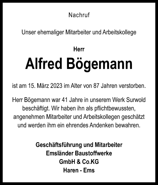 Traueranzeige von Alfred Bögemann von Neue Osnabrücker Zeitung GmbH & Co. KG