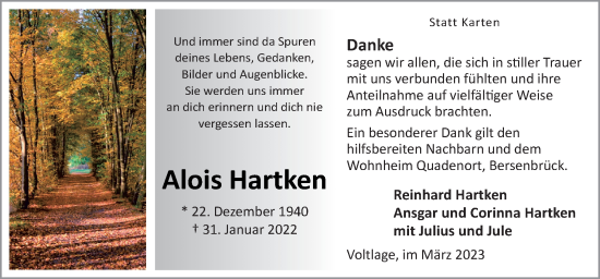 Traueranzeige von Alois Hartken von Neue Osnabrücker Zeitung GmbH & Co. KG
