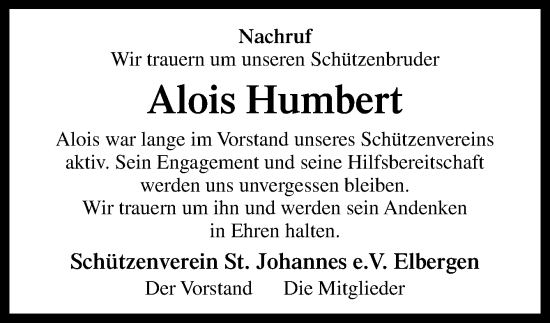 Traueranzeige von Alois Humbert von Neue Osnabrücker Zeitung GmbH & Co. KG