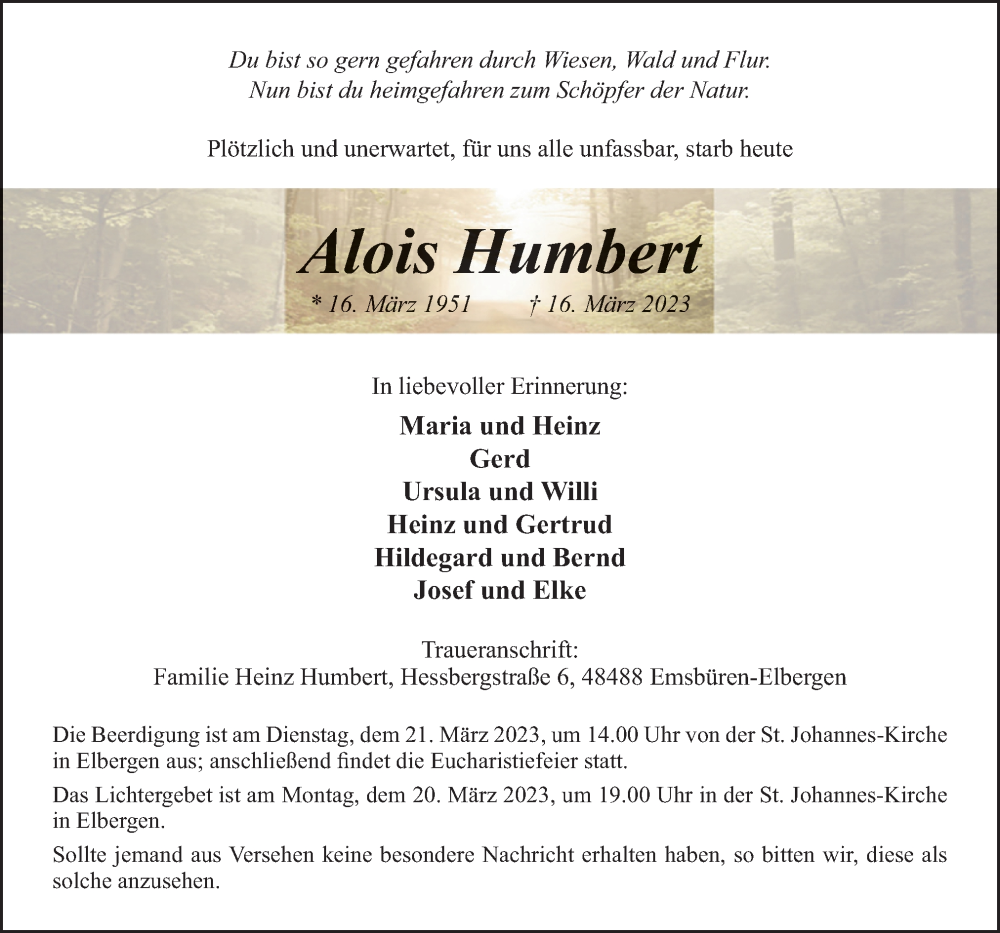 Traueranzeige für Alois Humbert vom 18.03.2023 aus Neue Osnabrücker Zeitung GmbH & Co. KG