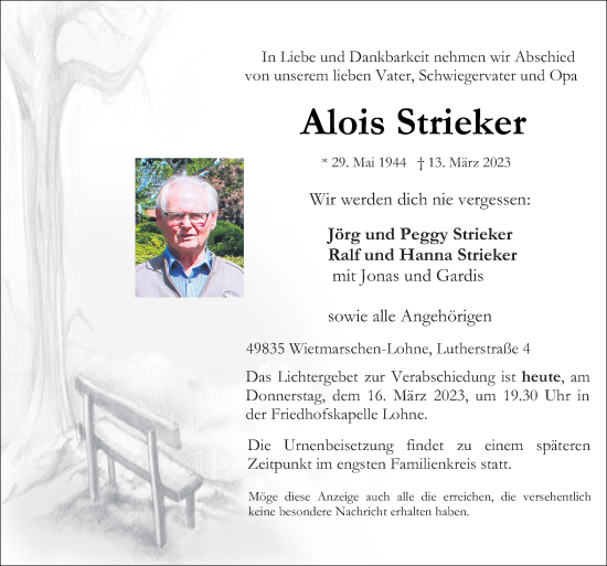 Traueranzeige von Alois Strieker von Neue Osnabrücker Zeitung GmbH & Co. KG