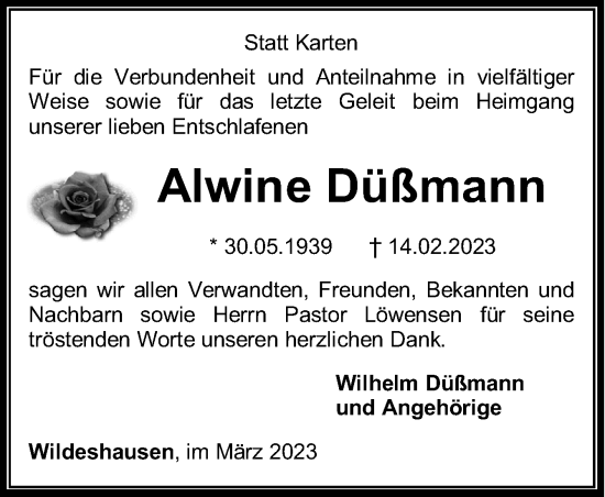 Traueranzeige von Alwine Düßmann von DK Medien GmbH & Co. KG