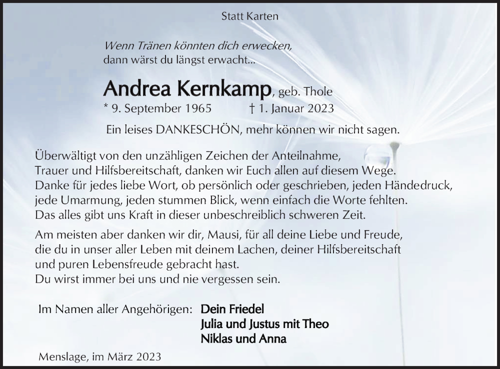  Traueranzeige für Andrea Kernkamp vom 04.03.2023 aus Neue Osnabrücker Zeitung GmbH & Co. KG