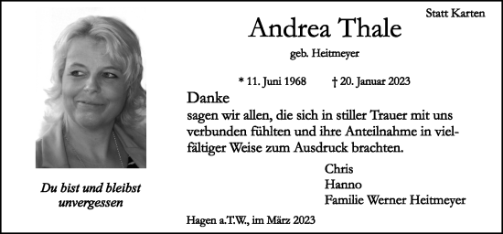 Traueranzeige von Andrea Thale von Neue Osnabrücker Zeitung GmbH & Co. KG