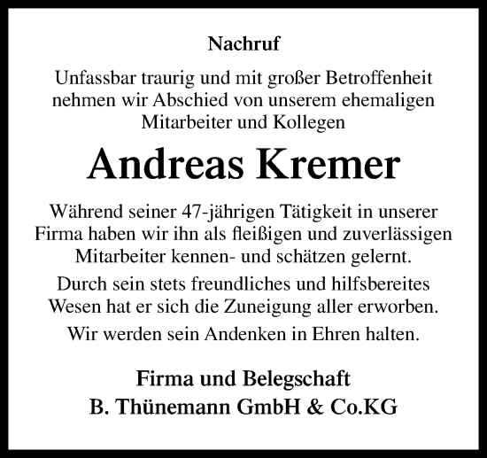 Traueranzeige von Andreas Kremer von Neue Osnabrücker Zeitung GmbH & Co. KG