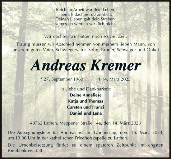 Traueranzeige von Andreas Kremer von Neue Osnabrücker Zeitung GmbH & Co. KG