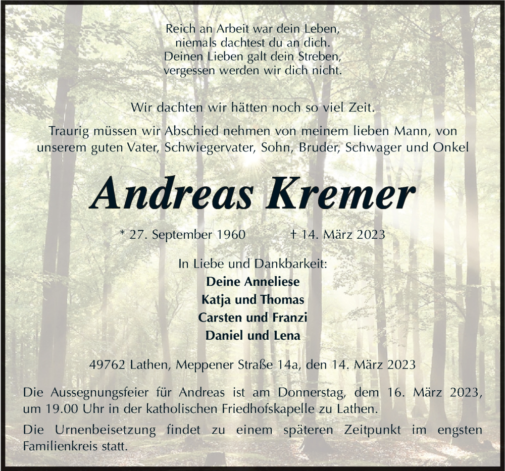  Traueranzeige für Andreas Kremer vom 16.03.2023 aus Neue Osnabrücker Zeitung GmbH & Co. KG