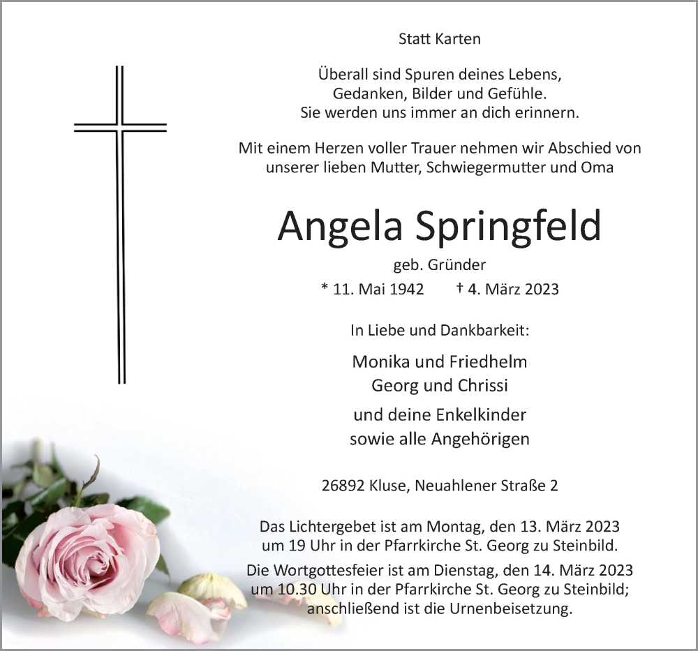  Traueranzeige für Angela Springfeld vom 07.03.2023 aus Neue Osnabrücker Zeitung GmbH & Co. KG