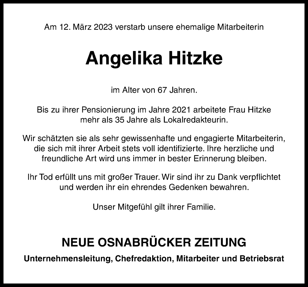  Traueranzeige für Angelika Hitzke vom 25.03.2023 aus Neue Osnabrücker Zeitung GmbH & Co. KG