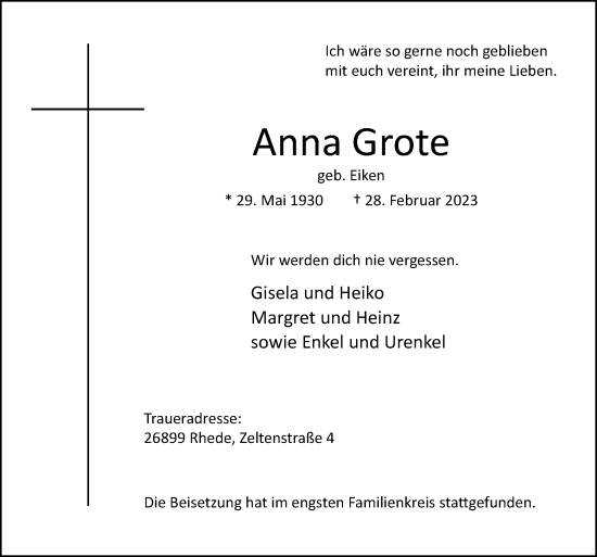 Traueranzeige von Anna Grote von Neue Osnabrücker Zeitung GmbH & Co. KG