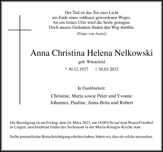 Traueranzeige von Anna Christina Helena Nelkowski von Neue Osnabrücker Zeitung GmbH & Co. KG
