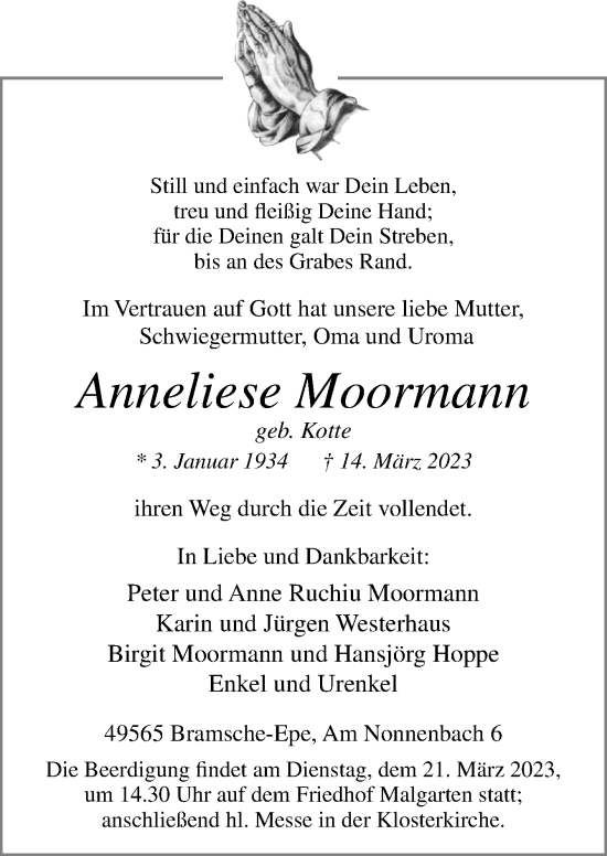 Traueranzeige von Anneliese Moormann von Neue Osnabrücker Zeitung GmbH & Co. KG