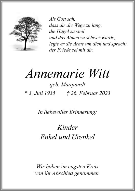 Traueranzeige von Annemarie Witt von Neue Osnabrücker Zeitung GmbH & Co. KG