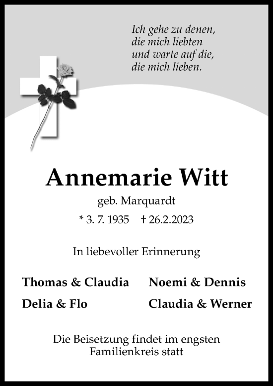 Traueranzeige von Annemarie Witt von Neue Osnabrücker Zeitung GmbH & Co. KG