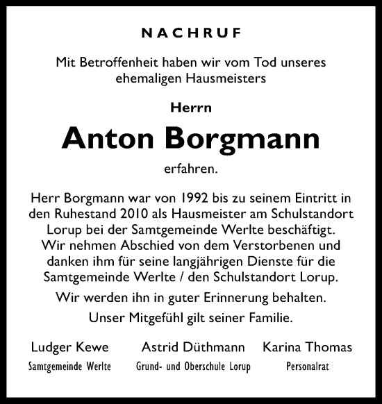 Traueranzeige von Anton Borgmann von Neue Osnabrücker Zeitung GmbH & Co. KG