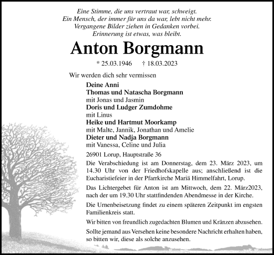 Traueranzeige von Anton Borgmann von Neue Osnabrücker Zeitung GmbH & Co. KG