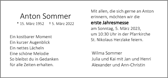 Traueranzeige von Anton Sommer von Neue Osnabrücker Zeitung GmbH & Co. KG