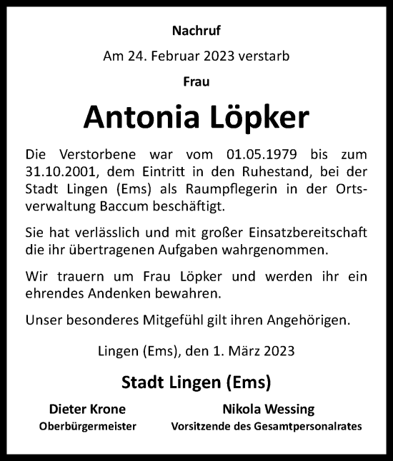 Traueranzeige von Antonia Löpker von Neue Osnabrücker Zeitung GmbH & Co. KG