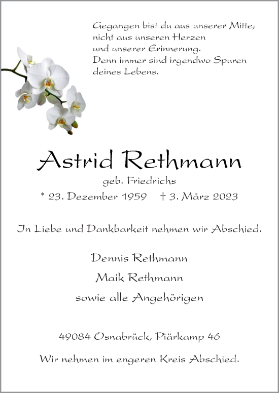 Traueranzeige von Astrid Rethmann von Neue Osnabrücker Zeitung GmbH & Co. KG