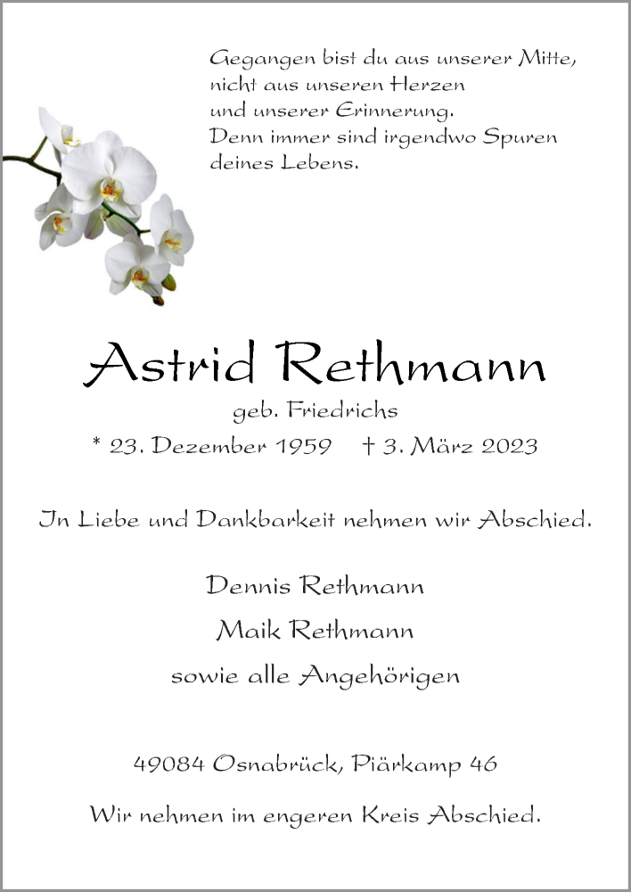  Traueranzeige für Astrid Rethmann vom 11.03.2023 aus Neue Osnabrücker Zeitung GmbH & Co. KG