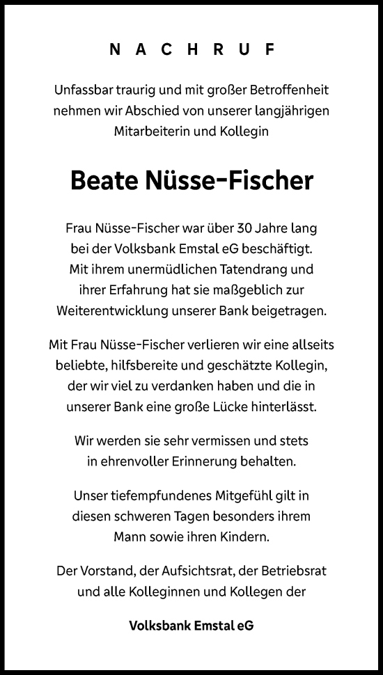 Traueranzeige von Beate Nüsse-Fischer von Neue Osnabrücker Zeitung GmbH & Co. KG