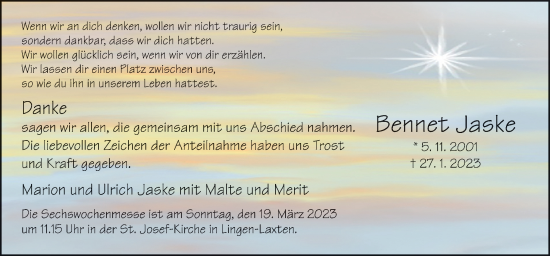 Traueranzeige von Bennet Jaske von Neue Osnabrücker Zeitung GmbH & Co. KG