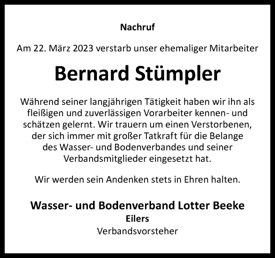 Traueranzeige von Bernard Stümpler von Neue Osnabrücker Zeitung GmbH & Co. KG