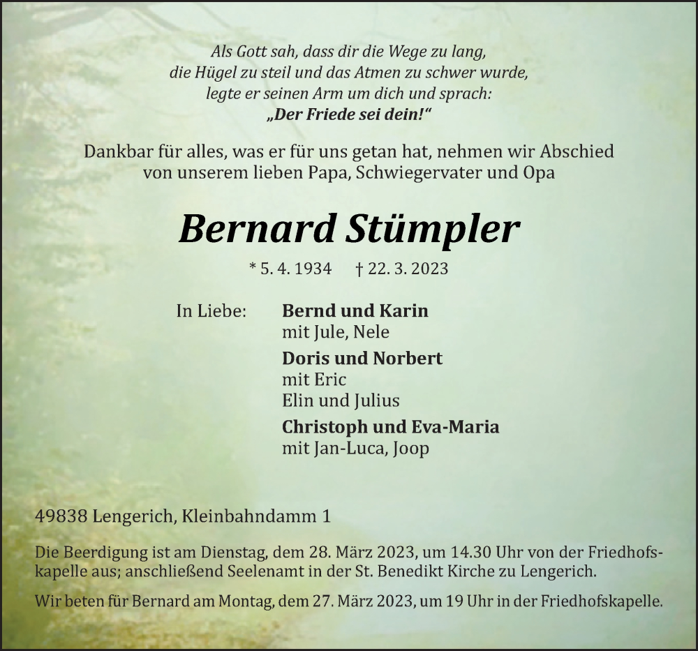  Traueranzeige für Bernard Stümpler vom 24.03.2023 aus Neue Osnabrücker Zeitung GmbH & Co. KG
