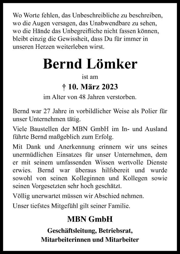  Traueranzeige für Bernd Lömker vom 16.03.2023 aus Neue Osnabrücker Zeitung GmbH & Co. KG