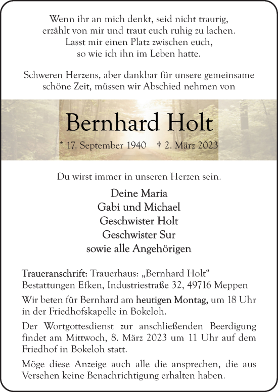 Traueranzeige von Bernhard Holt von Neue Osnabrücker Zeitung GmbH & Co. KG