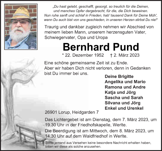 Traueranzeige von Bernhard Pund von Neue Osnabrücker Zeitung GmbH & Co. KG